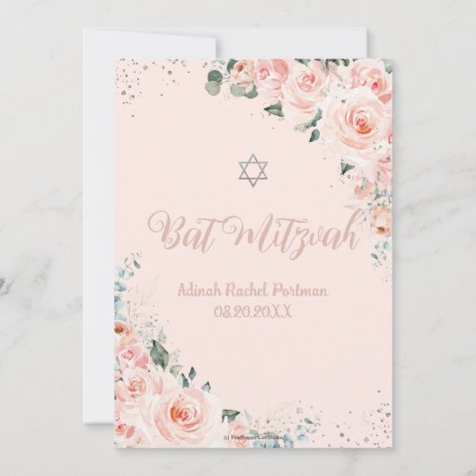 Elegant Blush Floral Rozen Silver Bat Mitzvah Kaart (Achterkant)