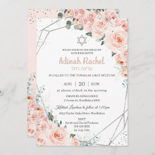 Elegant Blush Floral Rozen Silver Bat Mitzvah Kaart