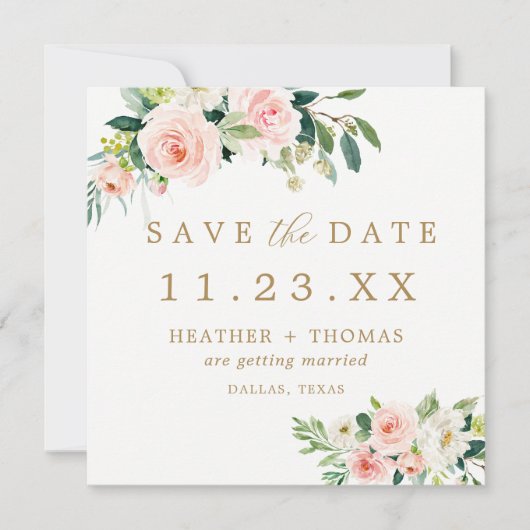 Elegant Blush Floral Save the Date Square Kaart (Voorkant)