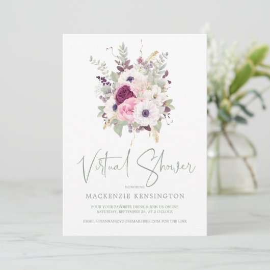 Elegant Blush Floral Virtual Vrijgezellenfeest Kaart (Staand voorkant)