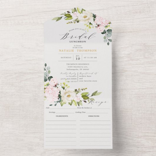 Elegant Blush Floral Vrijgezellenfeest & Recipe All In One Uitnodiging (Binnen)