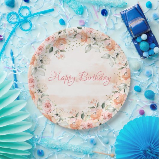 Elegant Blush Floral Waterverf Script Birthday Papieren Bordje (Feest)