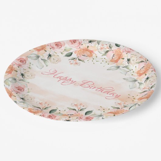 Elegant Blush Floral Waterverf Script Birthday Papieren Bordje (Gekanteld)