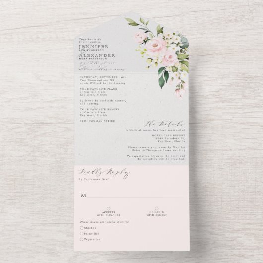 Elegant Blush Floral Weddenschap in één uitnodigin All In One Uitnodiging (Binnen)