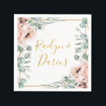 Elegant Blush Floral | Weddenschap Napkins Servet<br><div class="desc">Deze elegante bloesbloem | bruiloft luiers zijn perfect voor je boho, roze botanische bruiloft in de lente. Het ontwerp is voorzien van een lijst met goudfolie dat vergezeld gaat van een eenvoudig waterverf perzikchampagne-roos, een minimalistische groene eucalyptusgroen en een moderne, unieke, neutrale, wilde koraalpapaverbloem. Het ontwerp is een luxe, ideaal...</div>