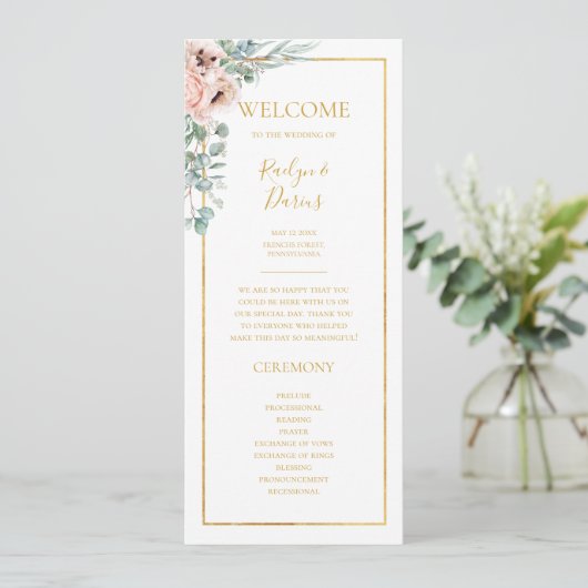 Elegant Blush Floral | Weddenschap-programma Programmakaart (Staand voorkant)