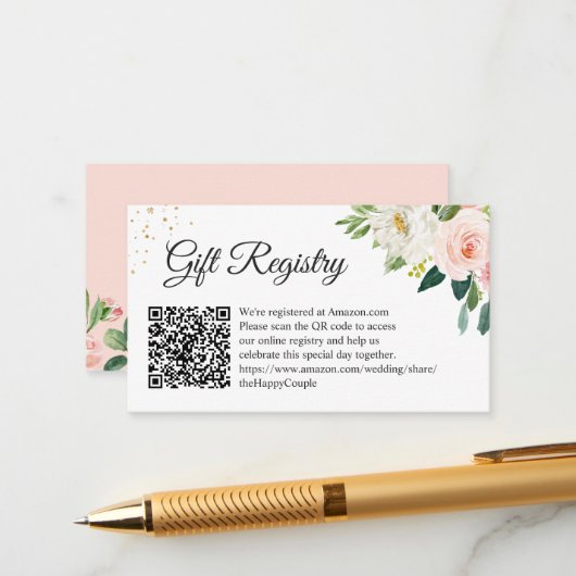 Elegant Blush Floral Wedding Gift Registry QR Code Informatiekaartje (Voorkant / Achterkant in situ)
