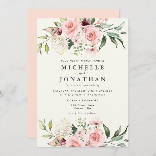 Elegant Blush Floral Wedding Invitation - Cream Kaart (Voorkant / Achterkant)
