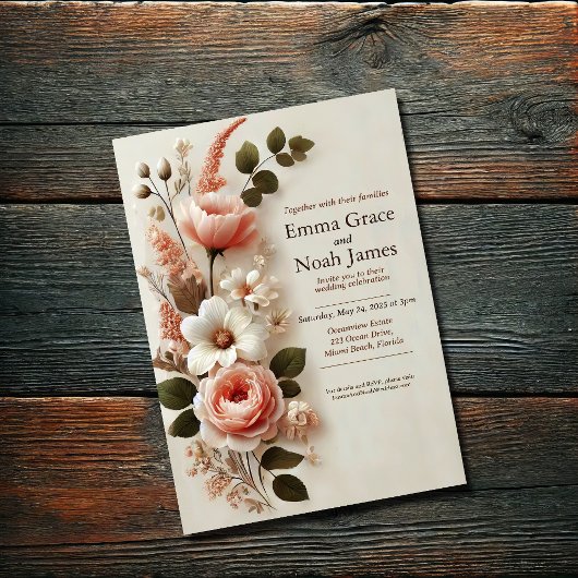 Elegant Blush Floral Wedding Invitation Kaart