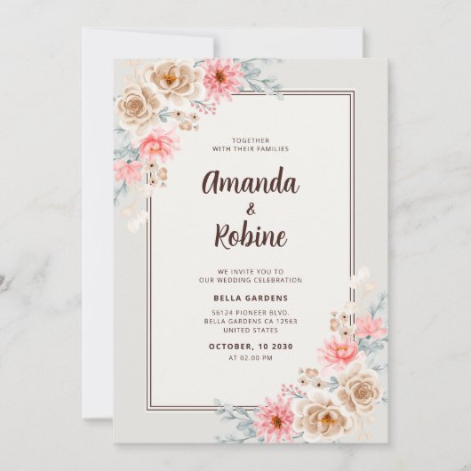 Elegant Blush Floral Wedding Invitation Kaart (Voorkant)