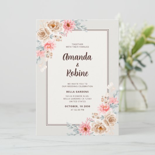 Elegant Blush Floral Wedding Invitation Kaart (Staand voorkant)