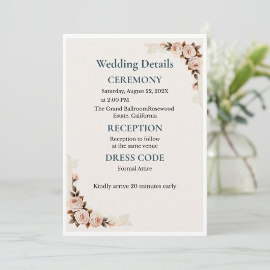 Elegant Blush Floral Wedding Invitation Kaart (Staand voorkant)