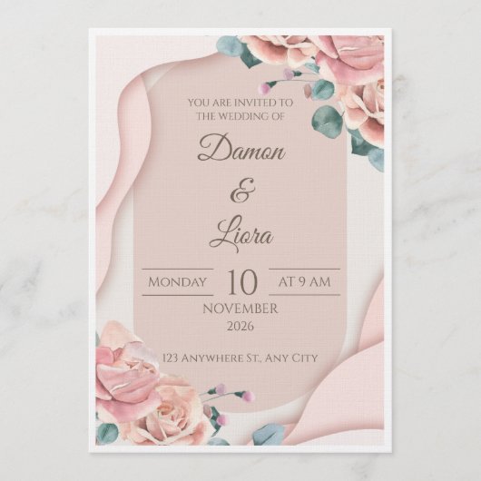Elegant Blush Floral Wedding Invitation Template Kaart (Voorkant)