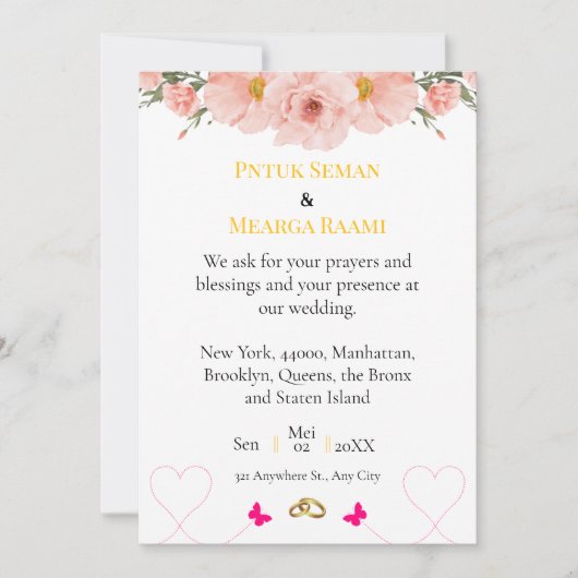 Elegant Blush Floral Wedding Invitation with Gold  Kaart (Voorkant)