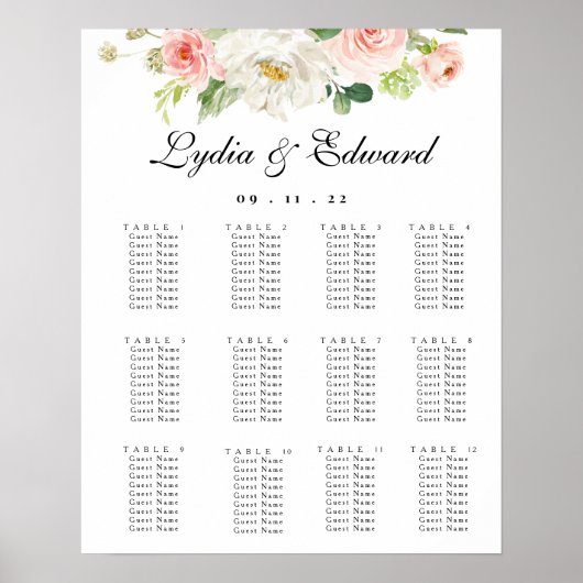 Elegant Blush Floral Wedding Seating Chart Poster (Voorkant)