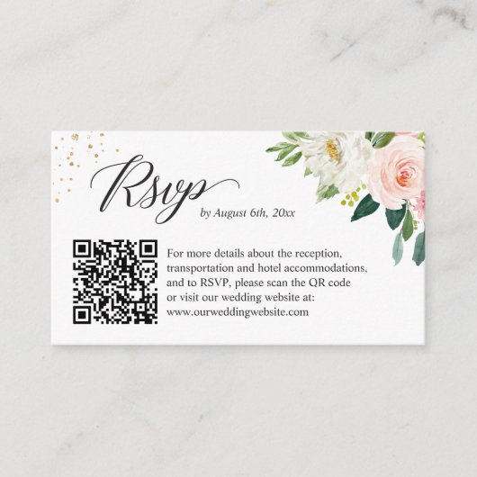 Elegant Blush Floral Wedding Website RSVP QR Code Informatiekaartje (Voorkant)