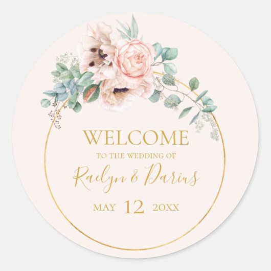 Elegant Blush Floral | Welkom bij pasteelbruiloft Ronde Sticker (Voorkant)
