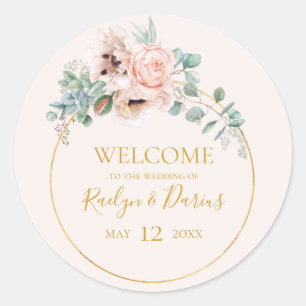 Elegant Blush Floral Welkom bij pasteelbruiloft Ronde Sticker