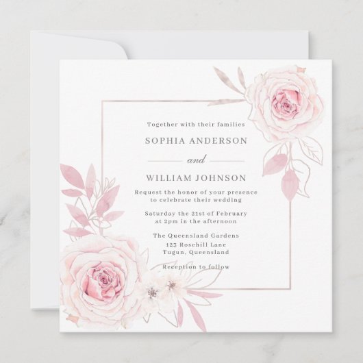 Elegant Blush Floral Wreats met Lijst Wedding Kaart (Voorkant)