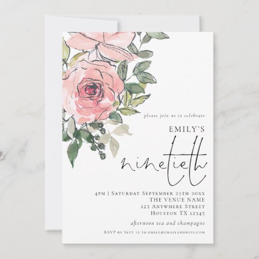 Elegant Blush Florals Ninetieth Birthday Party Kaart (Voorkant)
