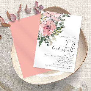 Elegant Blush Florals Ninetieth Birthday Party Kaart