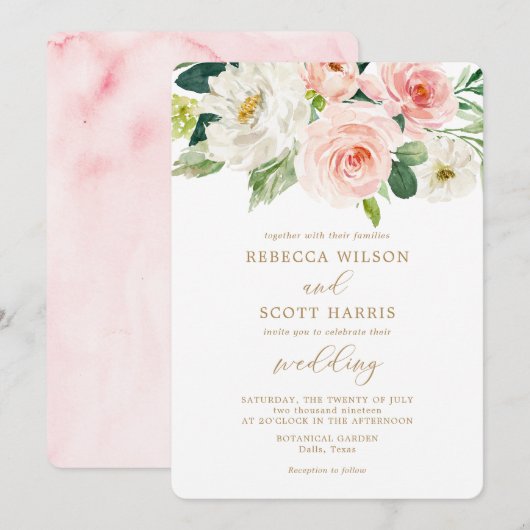 Elegant Blush Flowers Waterverf Lente Bruiloft Kaart (Voorkant / Achterkant)