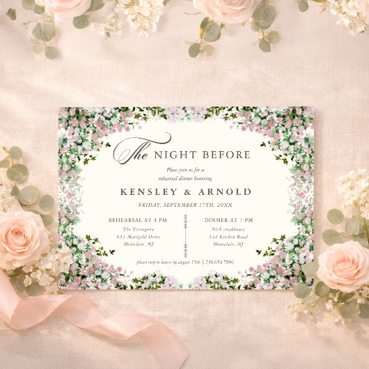 Elegant Blush Garden Rehearsal Dinner Invite Night Kaart