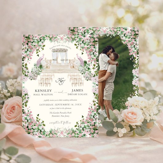 Elegant Blush Garden with Photo Wedding Kaart