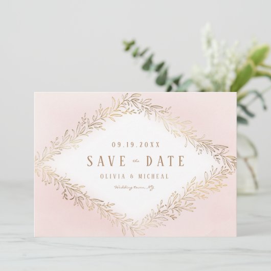 Elegant blush Gold botanical folium save the date (Staand voorkant)