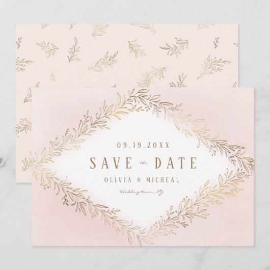 Elegant blush Gold botanical folium save the date (Voorkant / Achterkant)