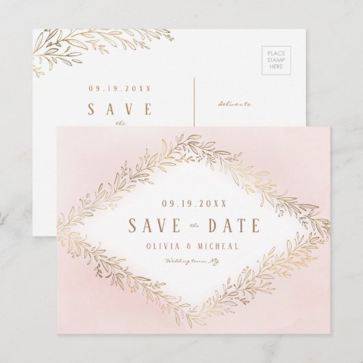 Elegant blush Gold botanical folium save the date Aankondigingskaart (Voorkant / Achterkant)