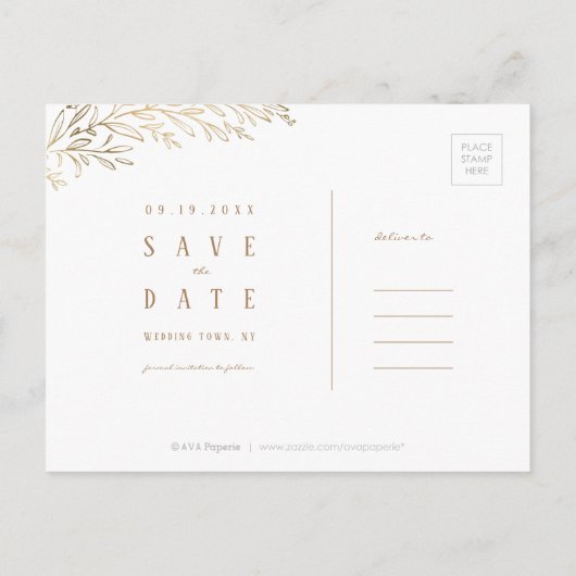 Elegant blush Gold botanical folium save the date Aankondigingskaart (Achterkant)