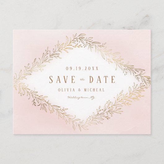 Elegant blush Gold botanical folium save the date Aankondigingskaart (Voorkant)