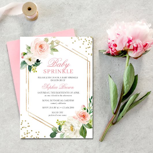 Elegant Blush Gold Floral Baby Sprinkle Brunch Kaart
