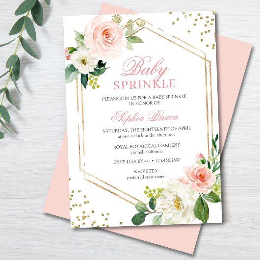 Elegant Blush Gold Floral Baby Sprinkle Brunch Kaart