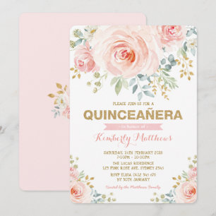 Elegant Blush Gold Floral Greenery Quinceañera Kaart
