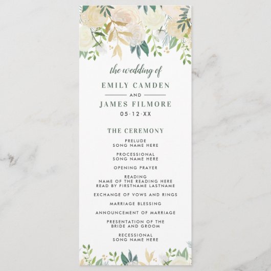 Elegant Blush Gold Floral Greenery Wedding Programmakaart (Voorkant)