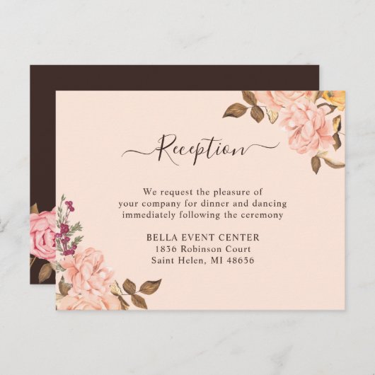 Elegant Blush Gold Floral Reception Enclosure Card Uitnodiging Briefkaart (Voorkant / Achterkant)