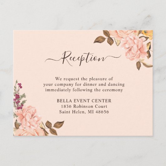 Elegant Blush Gold Floral Reception Enclosure Card Uitnodiging Briefkaart (Voorkant)