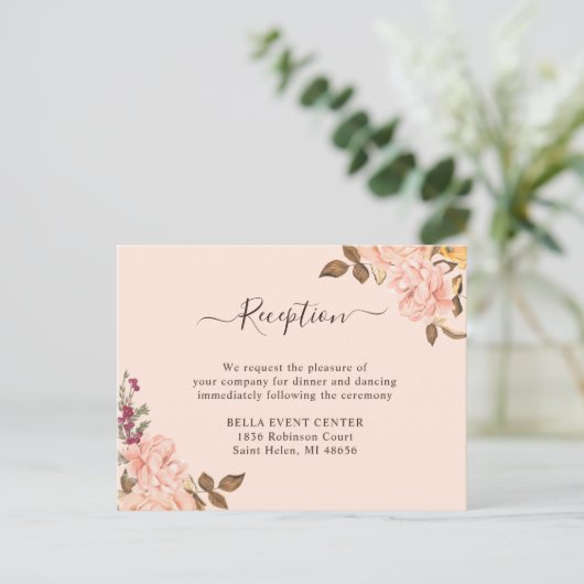 Elegant Blush Gold Floral Reception Enclosure Card Uitnodiging Briefkaart (Staand voorkant)
