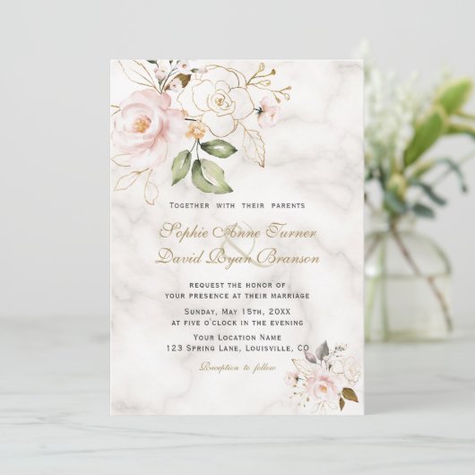 Elegant Blush Gold Flowers Monogram Weddenschap Kaart (Staand voorkant)