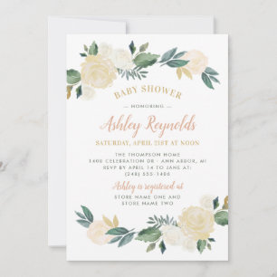 Elegant Blush Gold Green Floral Girl Baby shower Kaart