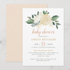 Elegant Blush Gold Green Floral Girl Baby shower Kaart