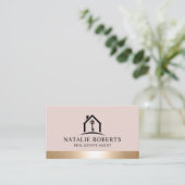 Elegant Blush & Gold House Logo Real Estate Agent Visitekaartje (Staand voorkant)