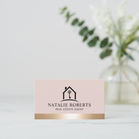 Elegant Blush & Gold House Logo Real Estate Agent Visitekaartje (Staand voorkant)