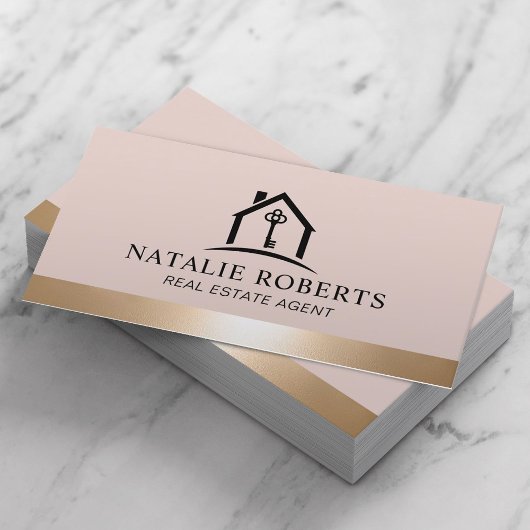 Elegant Blush & Gold House Logo Real Estate Agent Visitekaartje