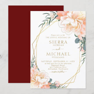 Elegant Blush Gold Peach Burgundy Floral Wedding Kaart