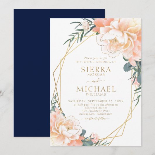 Elegant Blush Gold Peach marine Blue Floral Weddin Kaart (Voorkant / Achterkant)