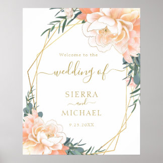 Elegant Blush Gold Peach Peony Floral Wedding Poster