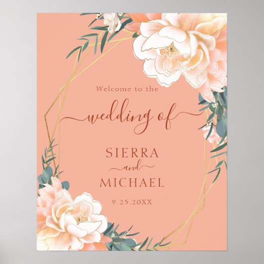 Elegant Blush Gold Peach Terracotta Floral Wedding Poster (Voorkant)